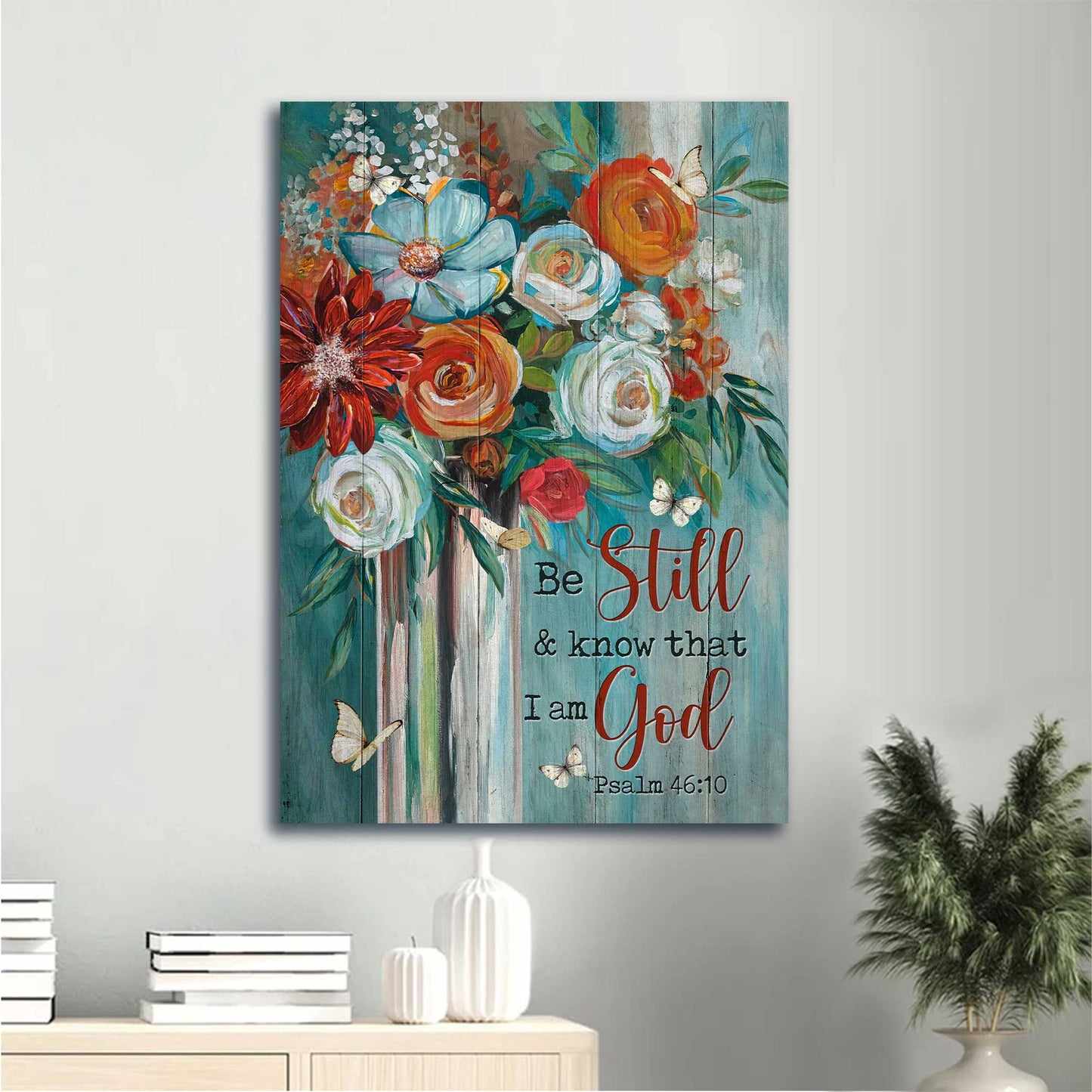Jesus Portrait Canvas - Watercolor Flower Painting, Red Rose, Butterfly Canvas - Gift For Christian - Be Still And Know That I Am God Canvas