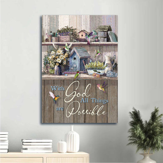 Jesus Portrait Canvas - Vintage Kitchen, Flowers, Hummingbird Canvas - Gift For Christian - With God All Things Are Possible Canvas