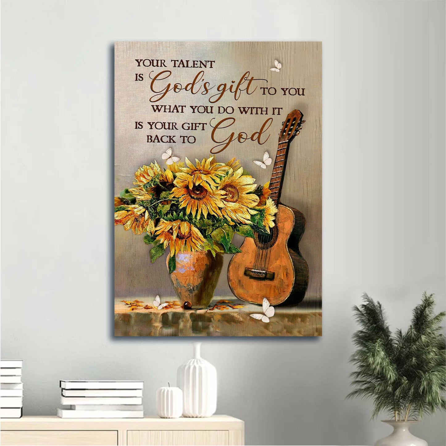 Jesus Portrait Canvas - Watercolor Guitar, Sunflower Vase Canvas - Gift For Christian - Your Talent Is God's Gift To You Canvas