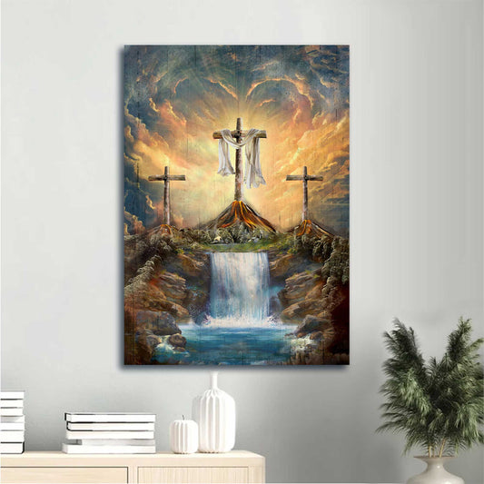 Jesus Portrait Canvas - Waterfall Painting Light From Heaven, The Three Crosses, Wooden Cross Canvas - Gift For Christian