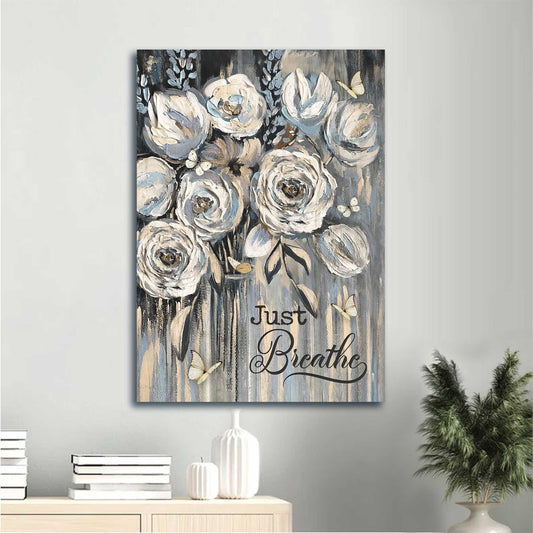 Jesus Portrait Canvas - Watercolor Flower, White Rose, Pretty Butterfly Canvas - Gift For Christian - Just Breathe Canvas