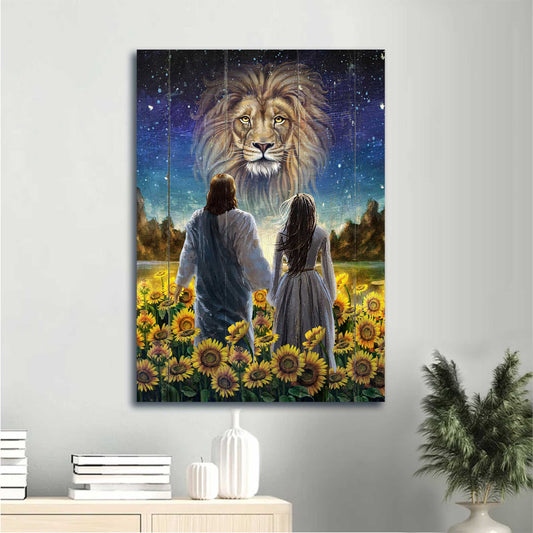 Jesus Portrait Canvas - Walking With Jesus, Stunning Lion, Beautiful Sunflower Field Canvas - Gift For Christian