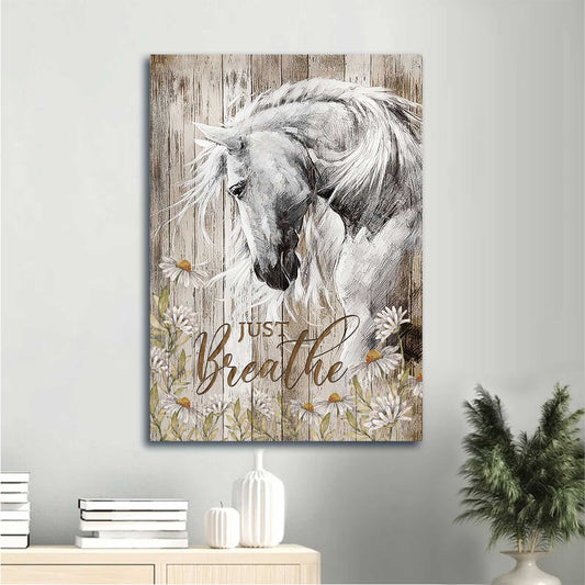 Jesus Portrait Canvas - White Horse Painting, Daisy Flower, The Gorgeous White Horse Canvas - Gift For Christian - Just Breathe Canvas