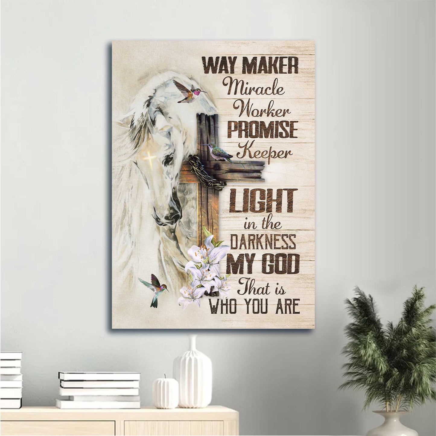 Jesus Portrait Canvas - White Horse Painting, Lily Flower, Hummingbird Drawing Canvas - Gift For Christian - Way Maker, Miracle Worker Canvas