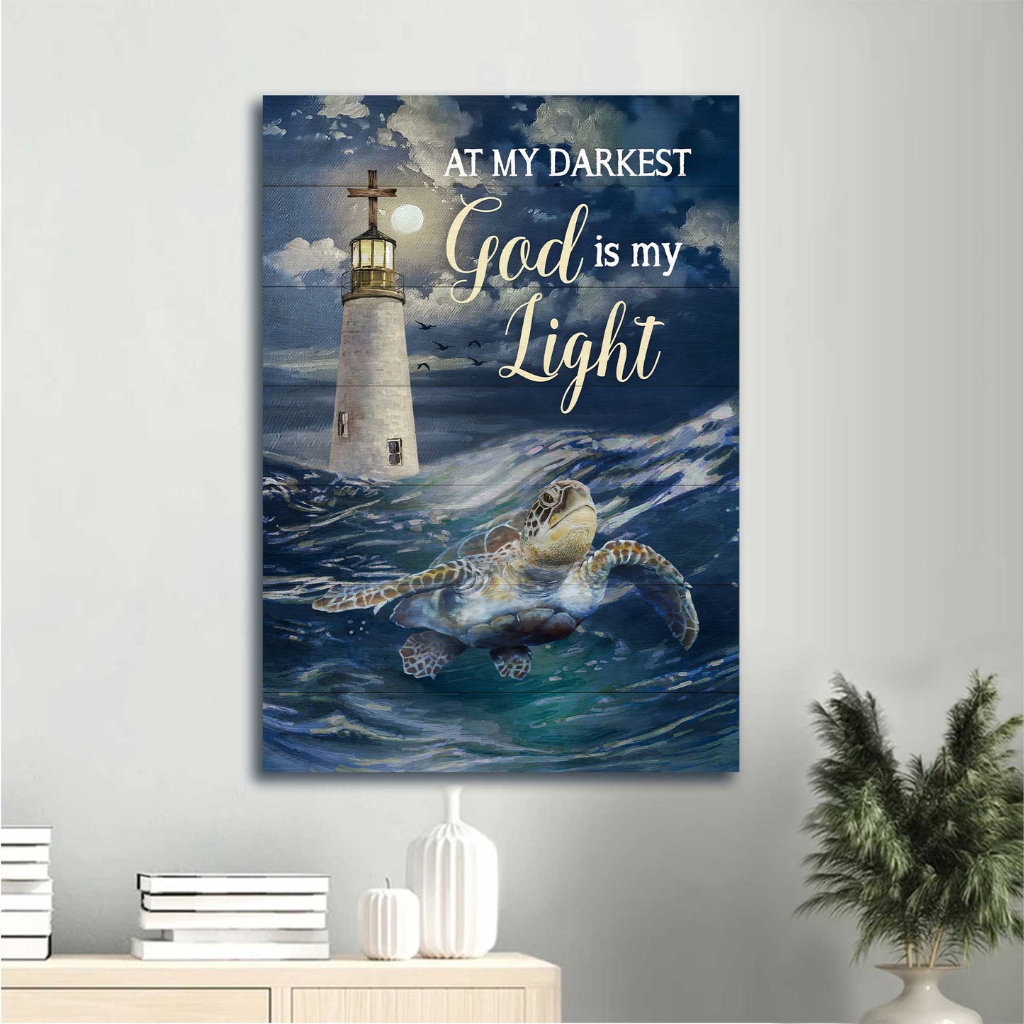 Jesus Portrait Canvas - Watercolor Turtle, Blue Ocean, Lighthouse Canvas - Gift For Christian - God Is My Light Canvas
