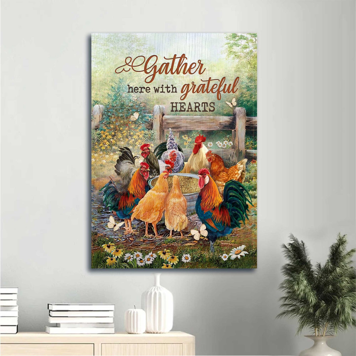 Jesus Portrait Canvas - Watercolor Rooster, Meadow Land Canvas - Gift For Christian - Gather Here With Grateful Hearts Canvas