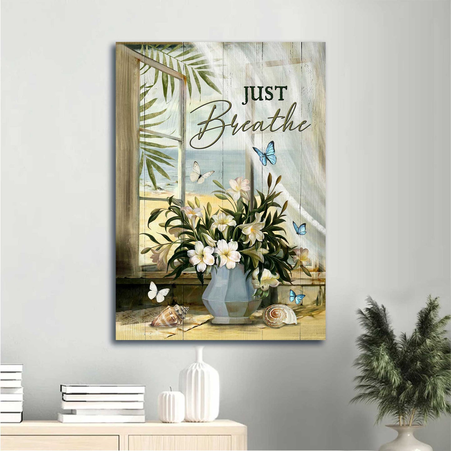 Jesus Portrait Canvas - White Lily, Seashells, Beach View Canvas - Gift For Christian - Just Breathe Canvas