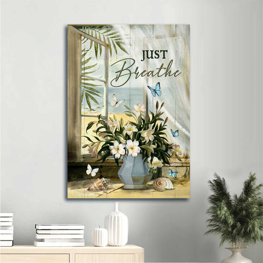 Jesus Portrait Canvas - White Lily, Seashells, Beach View Canvas - Gift For Christian - Just Breathe Canvas