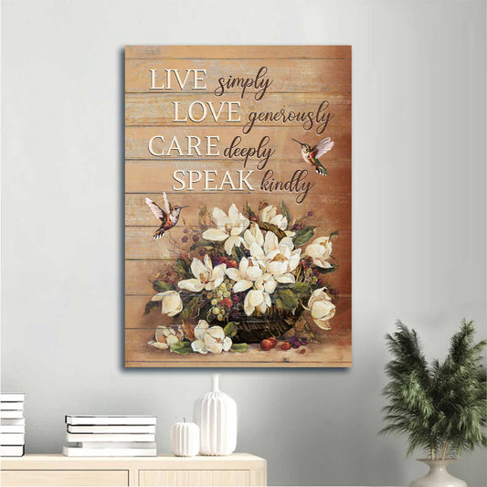 Jesus Portrait Canvas - White Flower Vase, Hummingbird, Still Life Canvas - Gift For Christian - Live Simply, Love Generously, Care Deeply, Speak Kindly