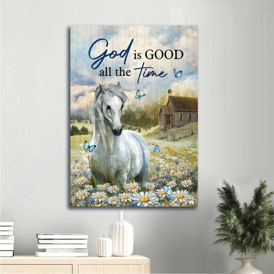 Jesus Portrait Canvas - White Horse Painting, Among The Daisy Field, Countryside Landscape Canvas - Gift For Christian - God Is Good All The Time
