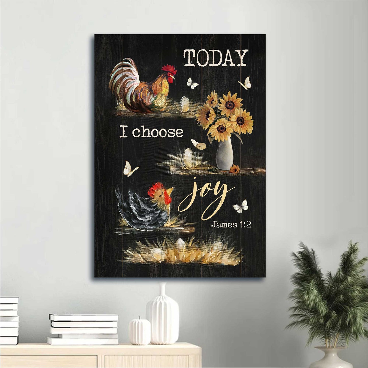 Jesus Portrait Canvas - Watercolor Rooster, Sunflower Vase, Black Background Canvas - Gift For Christian - Today I Choose Joy Canvas