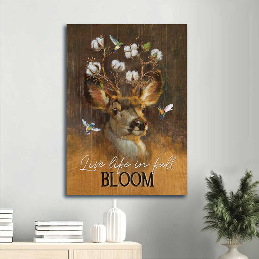 Jesus Portrait Canvas - Watercolor Deer, Cotton Flower Crown, Hummingbird Canvas - Gift For Christian - Live Life In Full Bloom Canvas