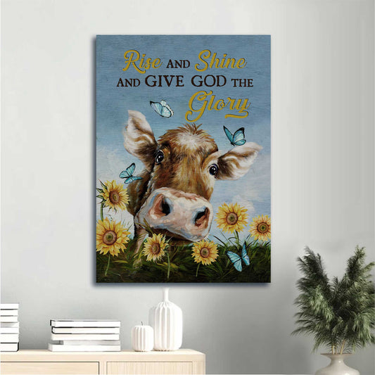 Jesus Portrait Canvas - Watercolor Cow, Sunflower Field, Pretty Butterfly Canvas - Gift For Christian - Rise And Shine Canvas