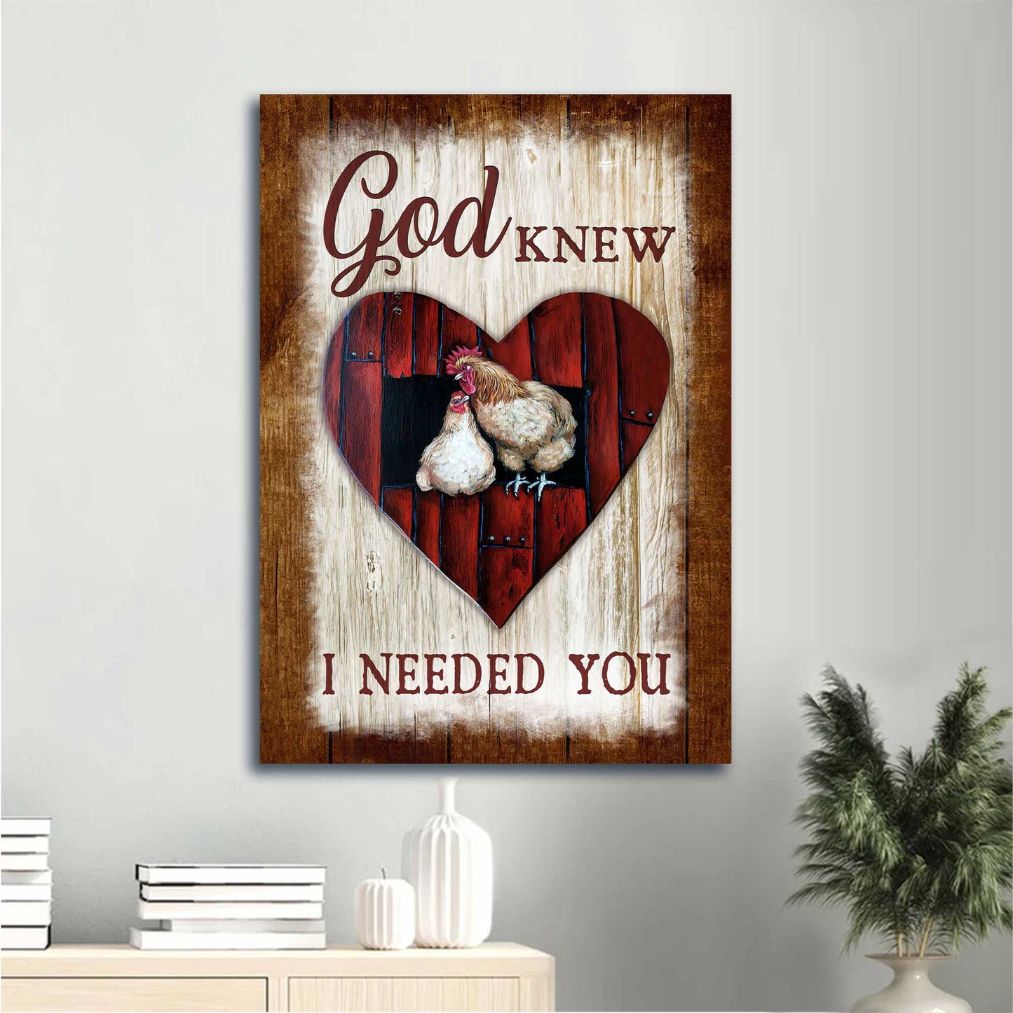 Jesus Portrait Canvas - White Chicken Couple, Red Heart, Vintage Background, Rooster Hen Canvas - Gift For Christian - God Knew I Needed You Canvas