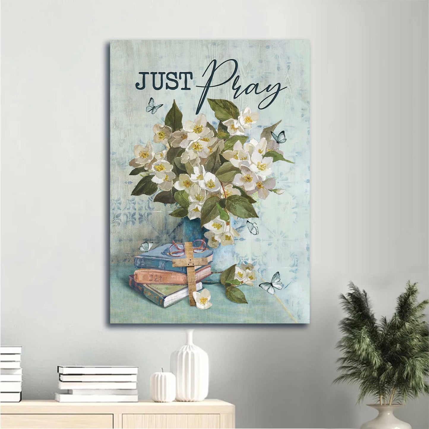 Jesus Portrait Canvas - Watercolor Jasmine, Colorful Book, Wooden Cross Canvas - Gift For Christian - Just Pray Canvas