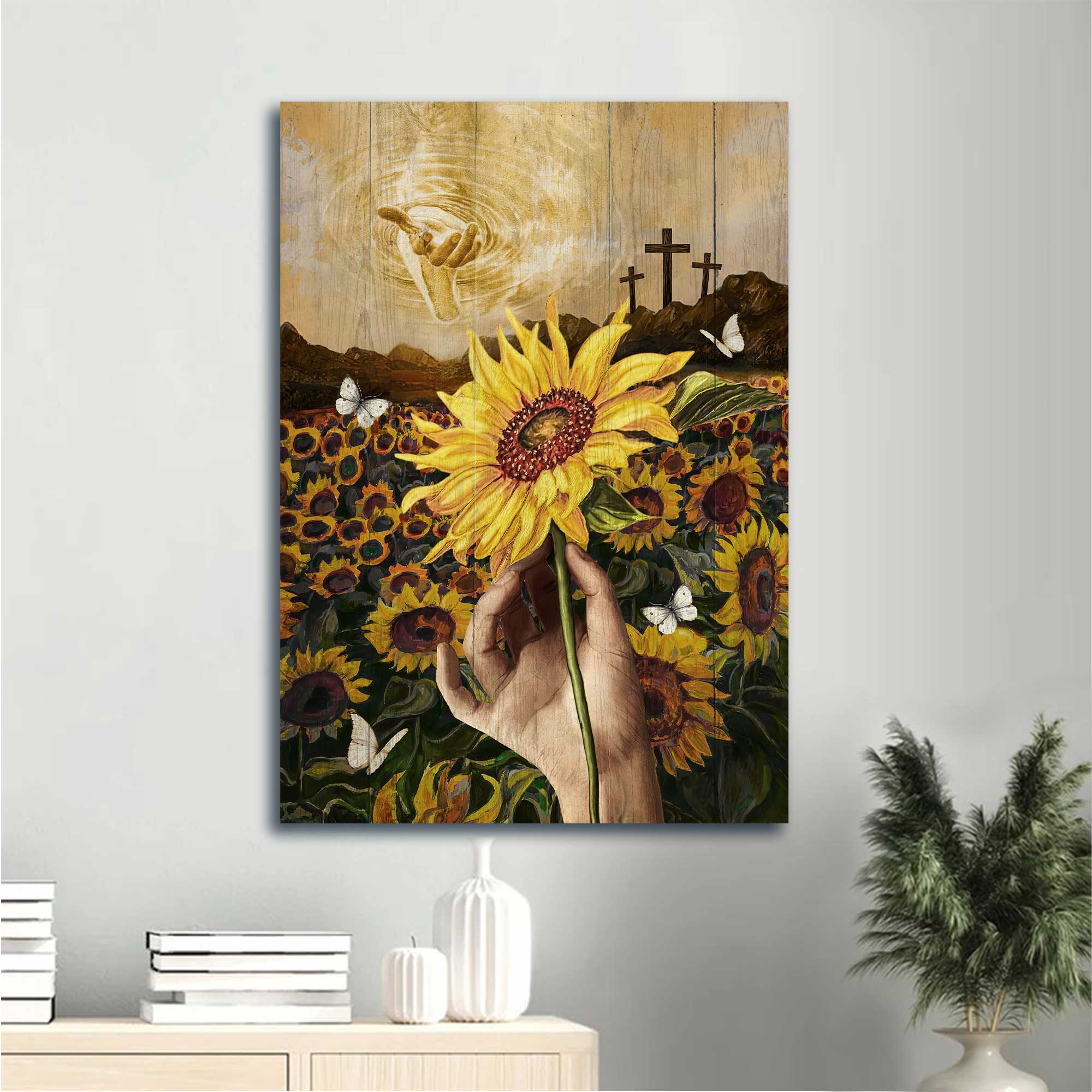 Jesus Portrait Canvas - Watercolor Sunflower, Sunflower Field, White Butterfly Canvas - Gift For Christian - Walking With Jesus Canvas