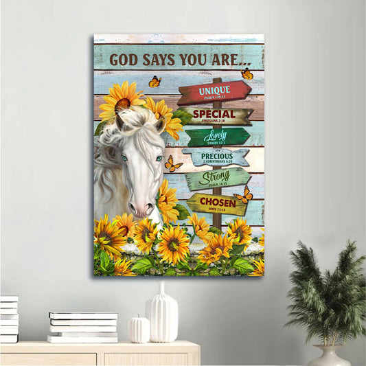 Jesus Portrait Canvas - White Horse, Sunflower Canvas - Gift For Christian - God Says You Are Unique Special Lovely Precious Strong Chosen Canvas