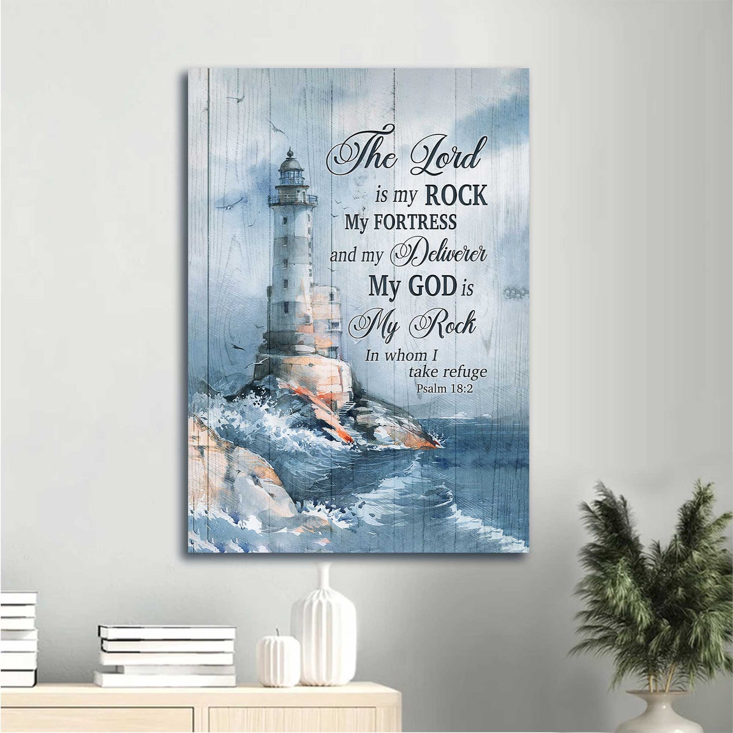 Jesus Portrait Canvas - White Lighthouse Drawing, Storm Painting Canvas - Gift For Christian - The Lord Is My Rock In Whom I Take Refuge Canvas