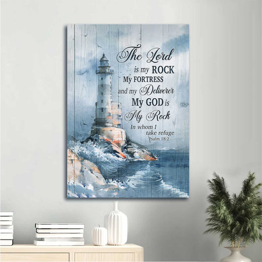 Jesus Portrait Canvas - White Lighthouse Drawing, Storm Painting Canvas - Gift For Christian - The Lord Is My Rock In Whom I Take Refuge Canvas