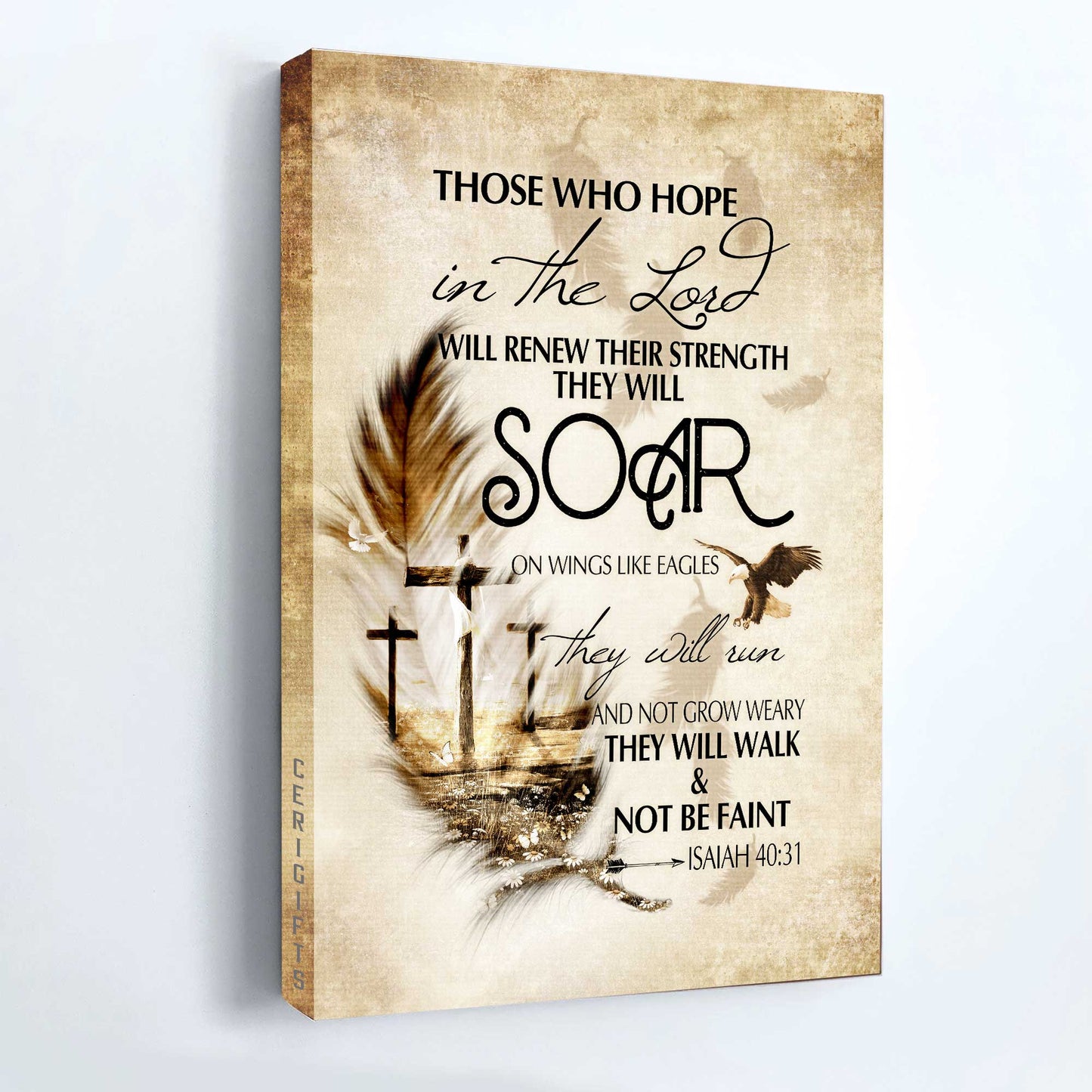 Jesus Portrait Canvas - The Three Crosses, Feather Canvas - Gift For Christian - They Will Soar On Wings Like Eagles Canvas