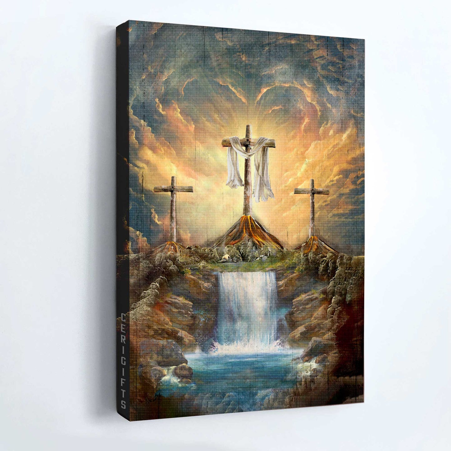 Jesus Portrait Canvas - Waterfall Painting Light From Heaven, The Three Crosses, Wooden Cross Canvas - Gift For Christian