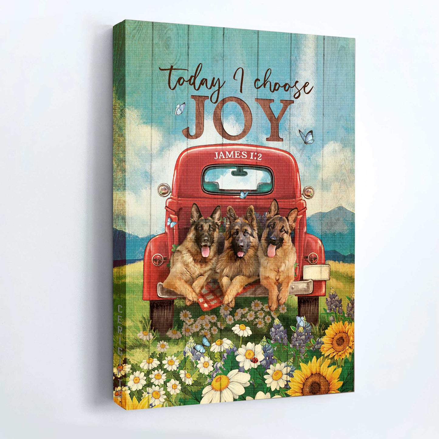 German Shepherd Portrait Canvas- German Shepherd, Lovely flower field, Awesome red truck, Butterfly- Gift for dog lover- Today I choose joy - Jesus Portrait Canvas Prints, Christian Wall Art