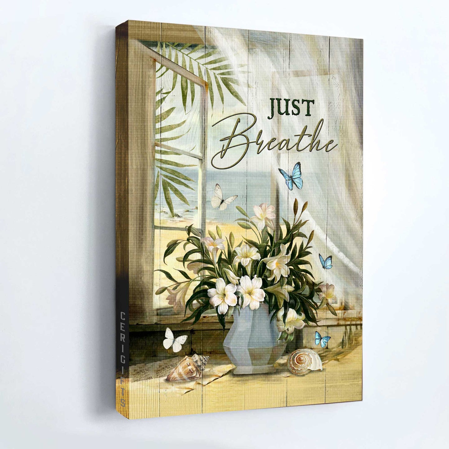 Jesus Portrait Canvas - White Lily, Seashells, Beach View Canvas - Gift For Christian - Just Breathe Canvas