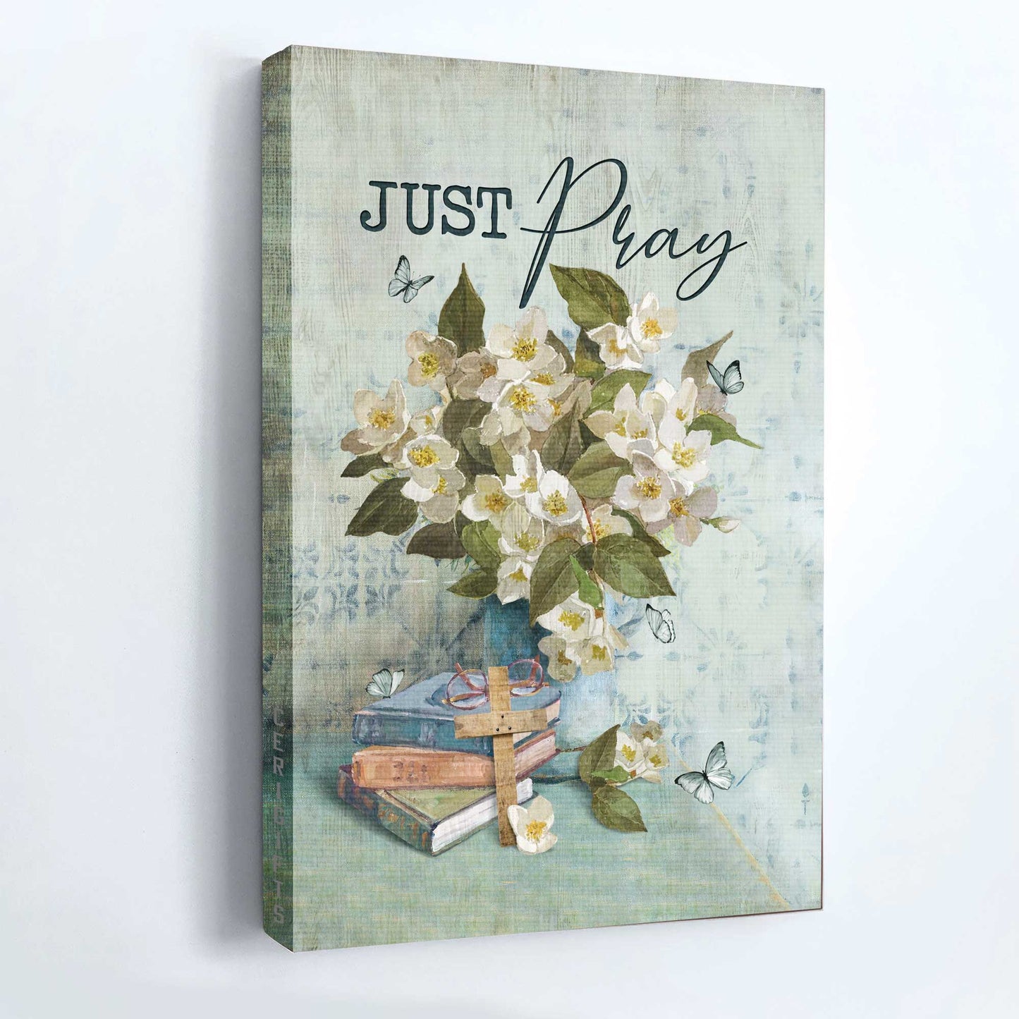 Jesus Portrait Canvas - Watercolor Jasmine, Colorful Book, Wooden Cross Canvas - Gift For Christian - Just Pray Canvas