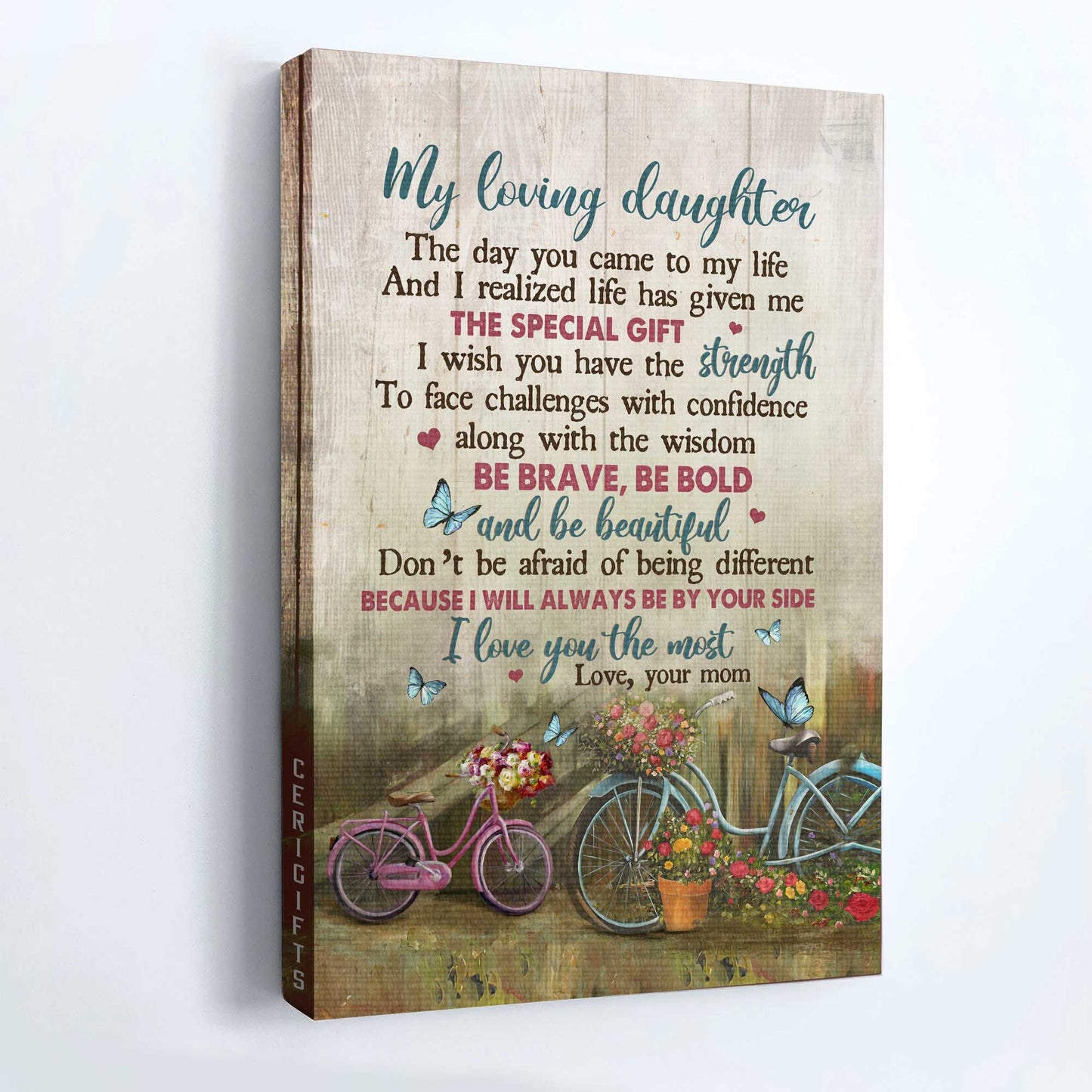 Gift for Daughter- Mom to daughter, Vintage bicycle, Flower vase, I will always be by your side - Family Portrait Canvas Prints, Wall Art