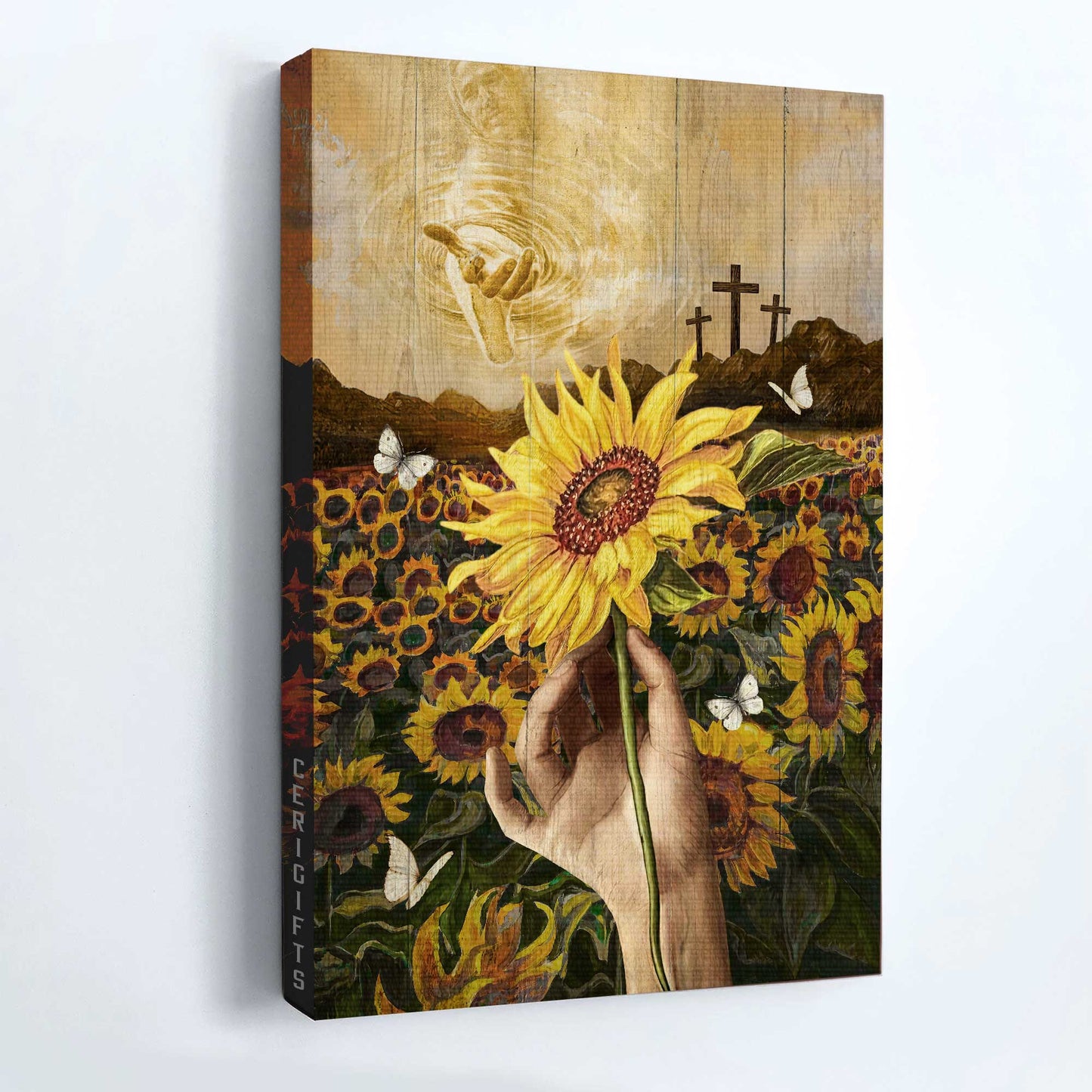 Jesus Portrait Canvas - Watercolor Sunflower, Sunflower Field, White Butterfly Canvas - Gift For Christian - Walking With Jesus Canvas