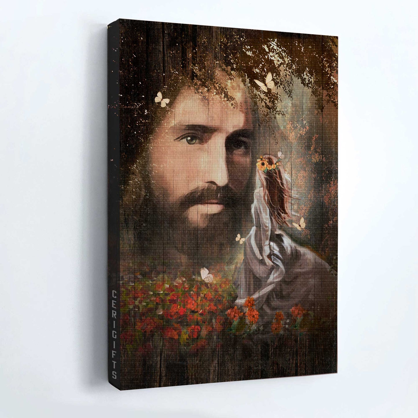 Jesus Portrait Canvas - The Real Face Of Jesus, Pretty Girl, Red Flower Garden, Flower Wreathcanvas - Gift For Christian