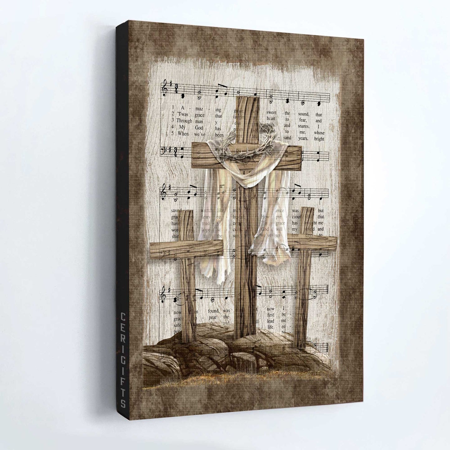 Jesus Portrait Canvas - Wooden Cross, Thorn Crown, Amazing Grace Lyrics Canvas - Gift For Christian Canvas Wall Art
