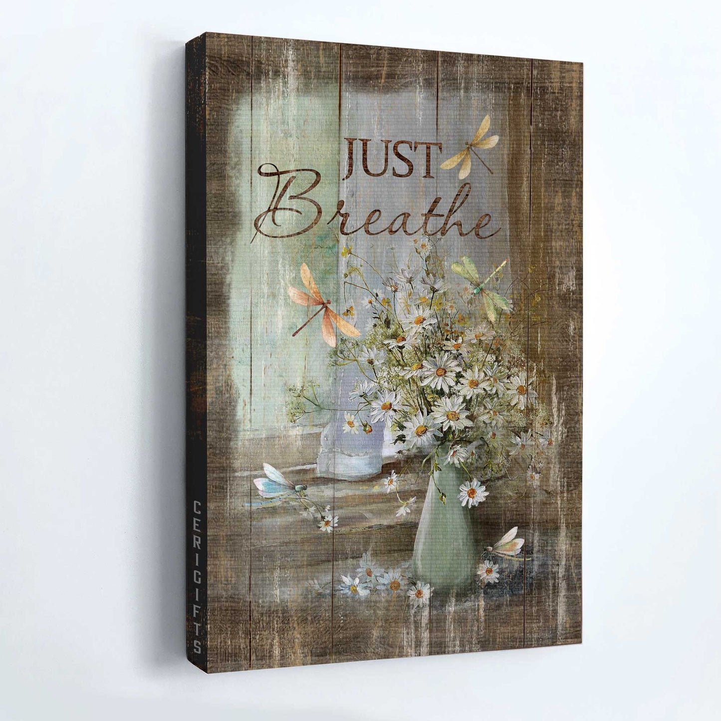 Jesus Portrait Canvas - Vintage Flower Vase, Daisy Flower, Vintage Daisy Vase With Dragonfly Canvas - Gift For Christian - Just Breathe Canvas