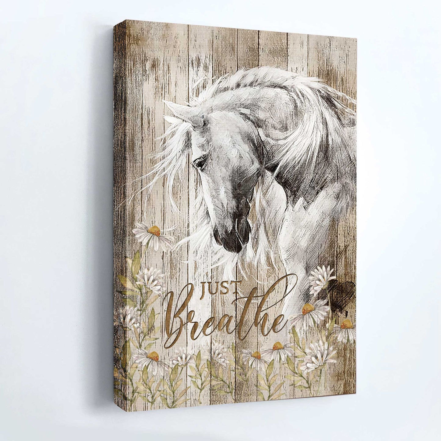 Jesus Portrait Canvas - White Horse Painting, Daisy Flower, The Gorgeous White Horse Canvas - Gift For Christian - Just Breathe Canvas