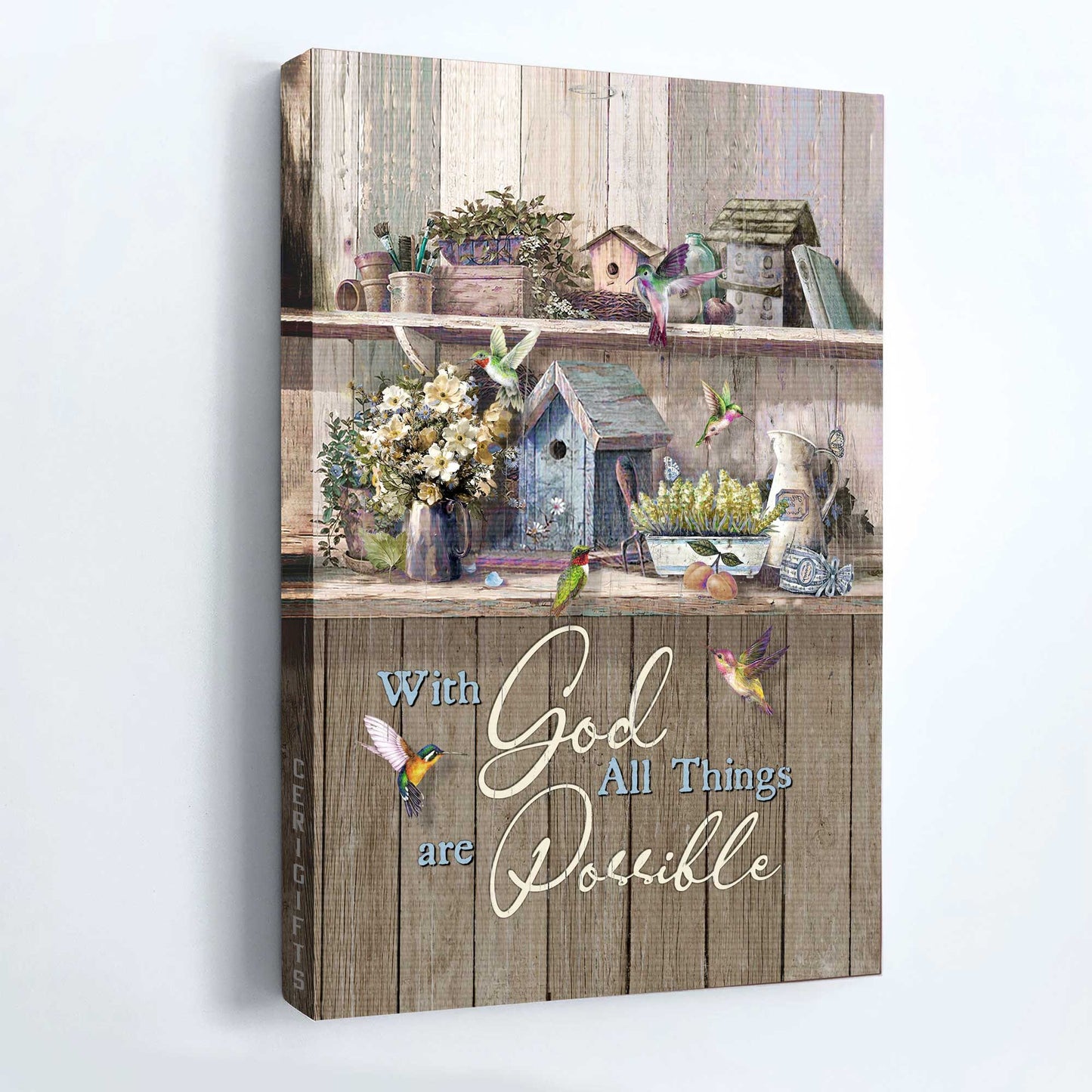 Jesus Portrait Canvas - Vintage Kitchen, Flowers, Hummingbird Canvas - Gift For Christian - With God All Things Are Possible Canvas