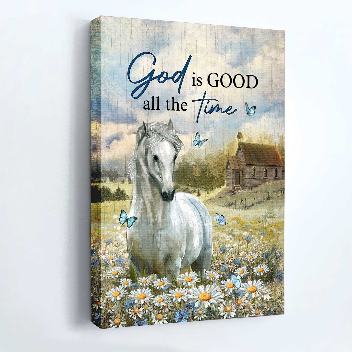 Jesus Portrait Canvas - White Horse Painting, Among The Daisy Field, Countryside Landscape Canvas - Gift For Christian - God Is Good All The Time