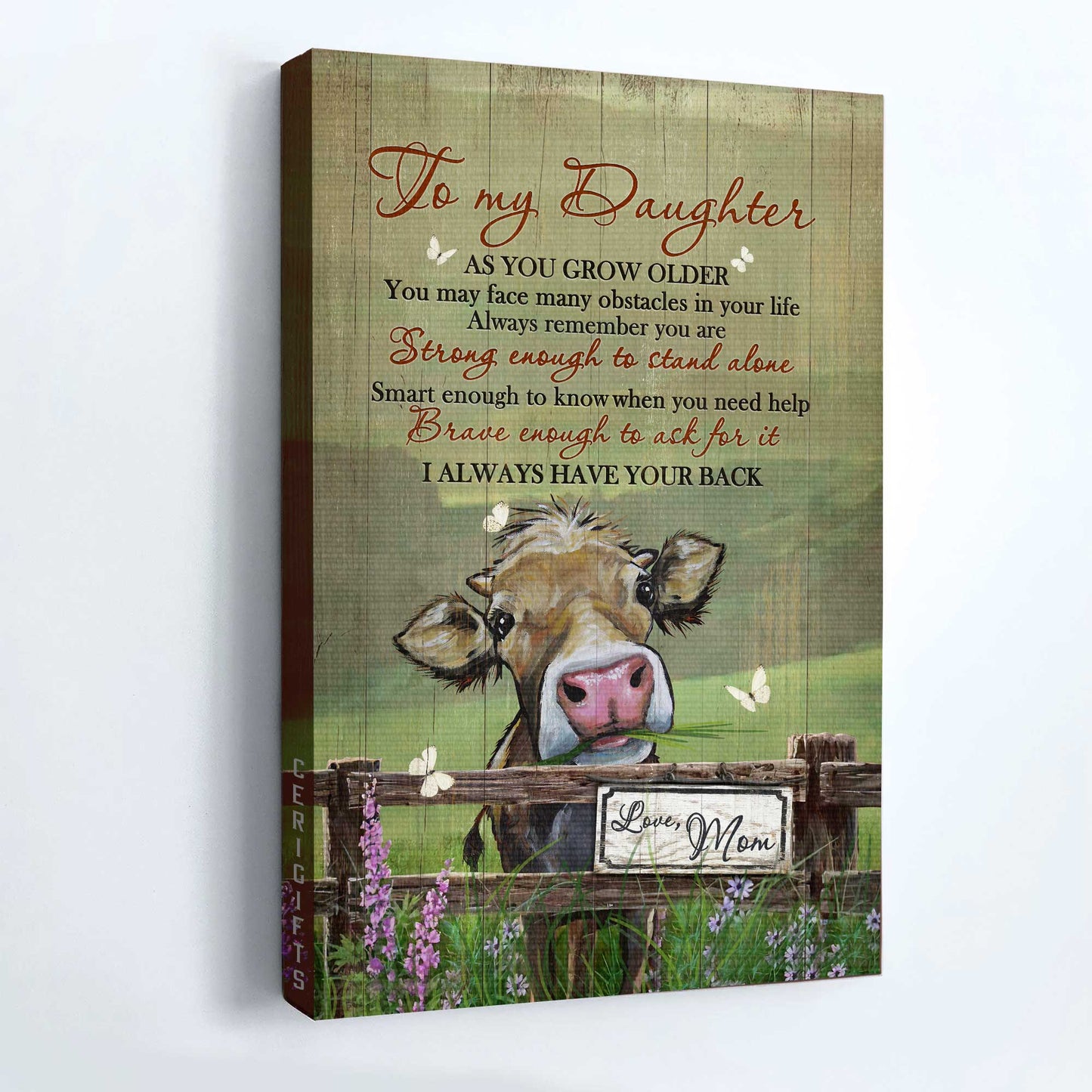 Gift for Daughter- Mom to daughter, Watercolor cow, Green meadow, I always have your back - Family Portrait Canvas Prints, Wall Art