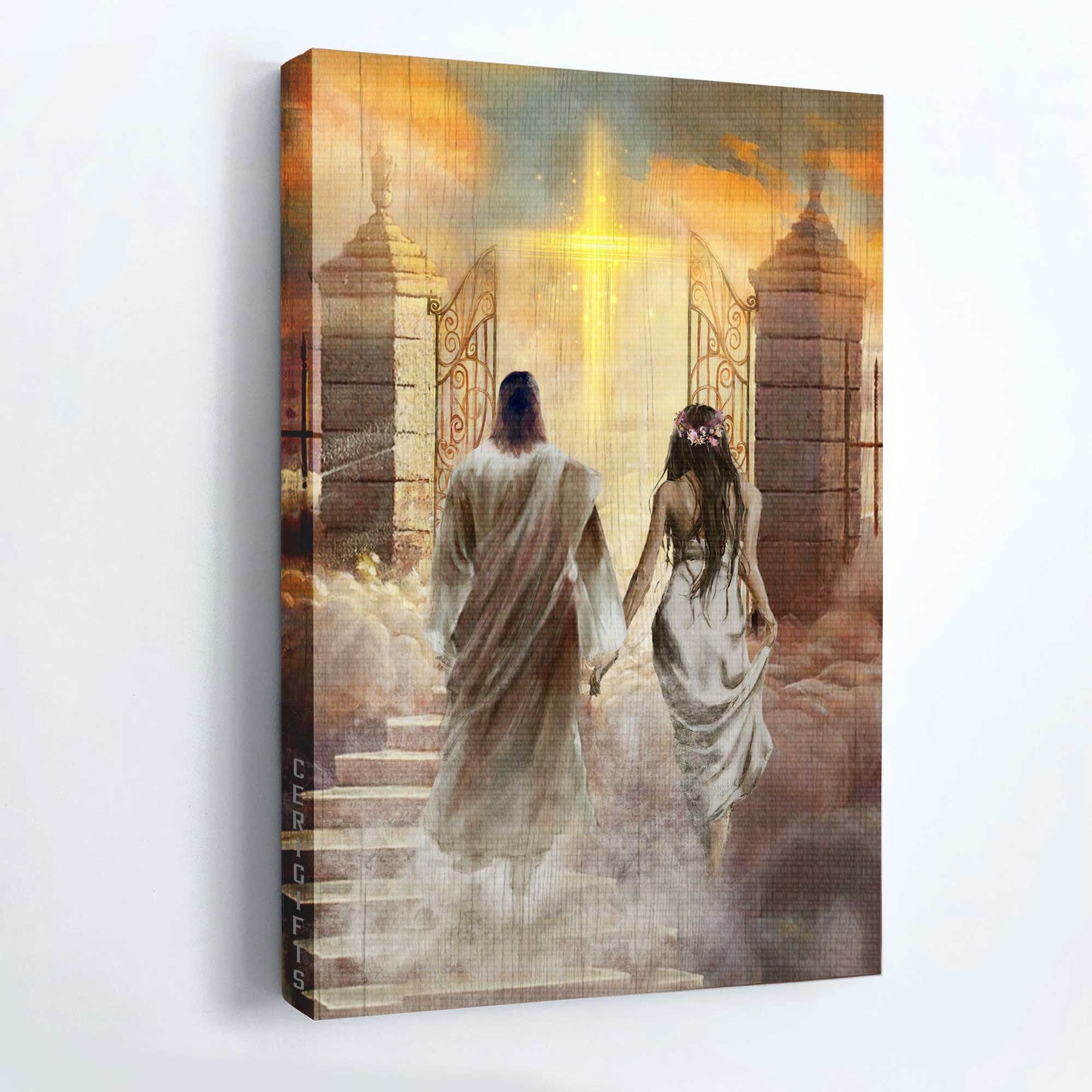 Jesus Portrait Canvas - Walking With Jesus, The Way To Heaven, Yellow Cross, Beautiful Heaven Canvas - Gift For Christian