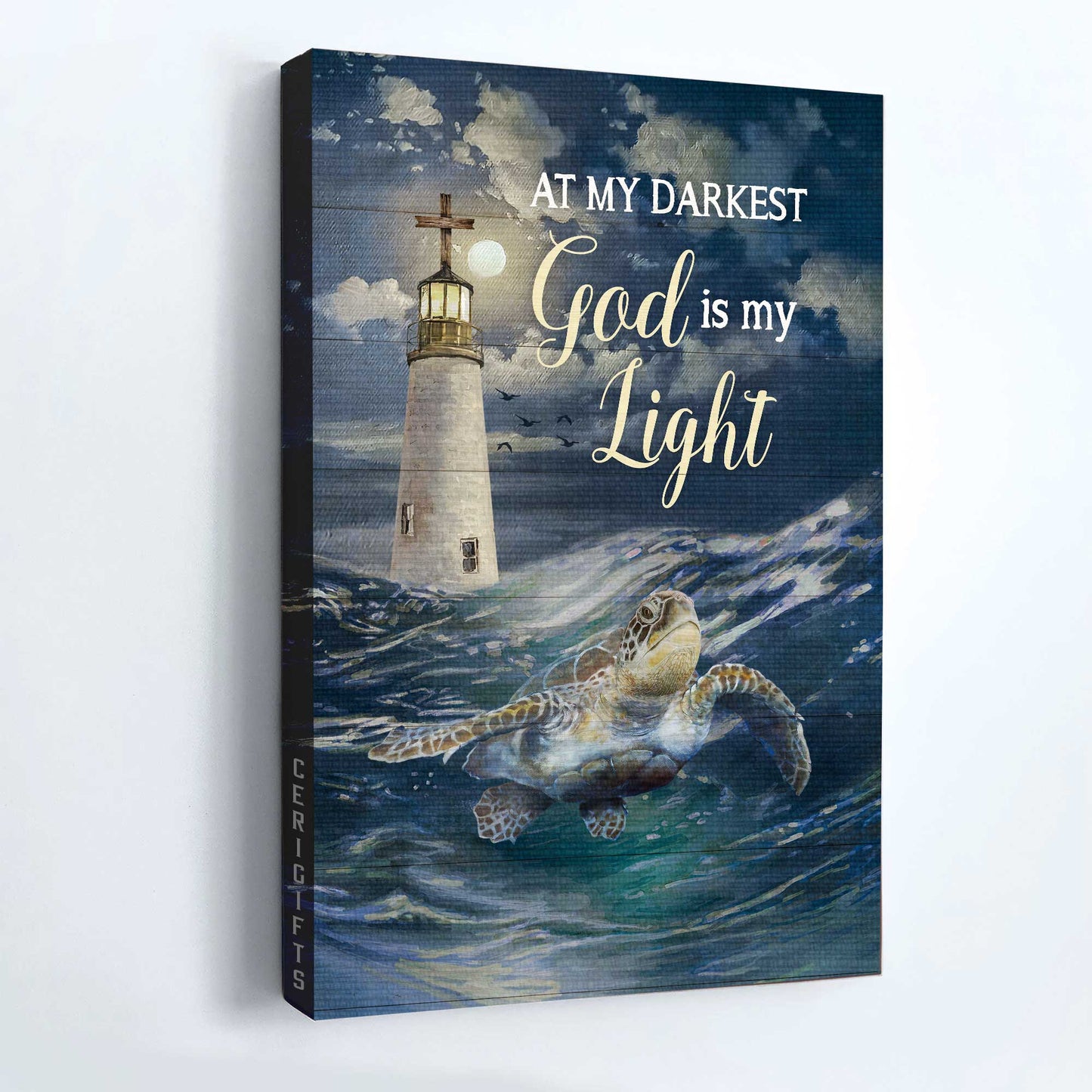 Jesus Portrait Canvas - Watercolor Turtle, Blue Ocean, Lighthouse Canvas - Gift For Christian - God Is My Light Canvas