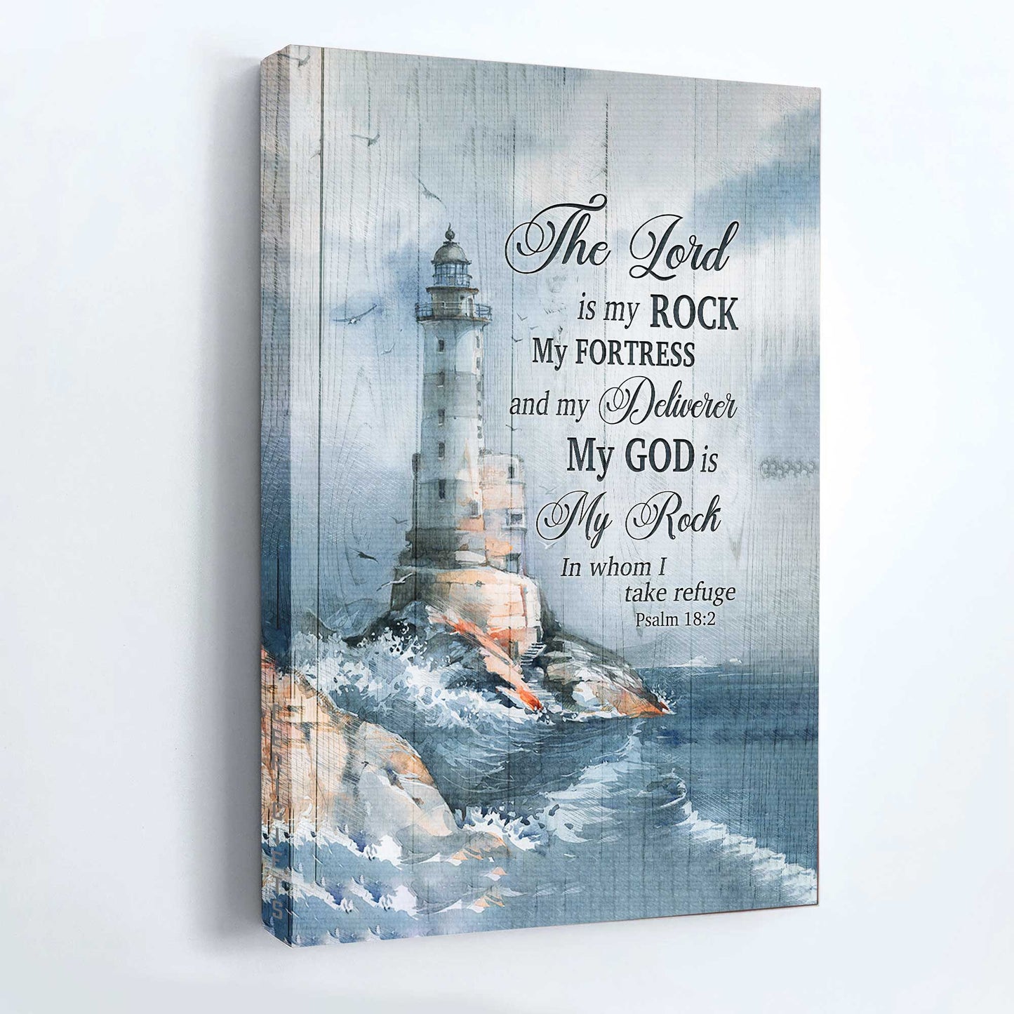 Jesus Portrait Canvas - White Lighthouse Drawing, Storm Painting Canvas - Gift For Christian - The Lord Is My Rock In Whom I Take Refuge Canvas