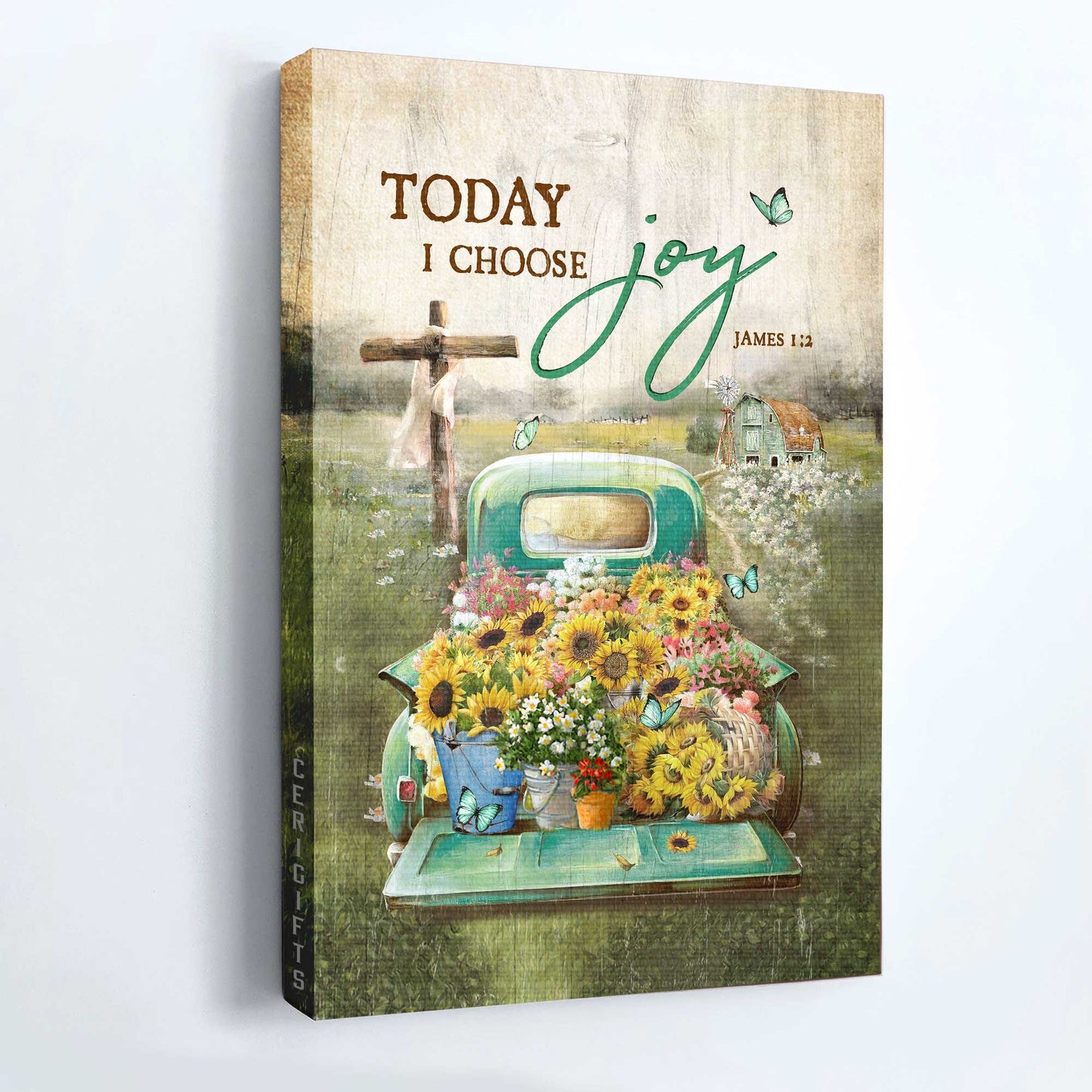 Jesus Portrait Canvas - Sunflower Car, Flower Field, Wooden Cross Canvas - Gift For Christian - Today I Choose Joy Canvas