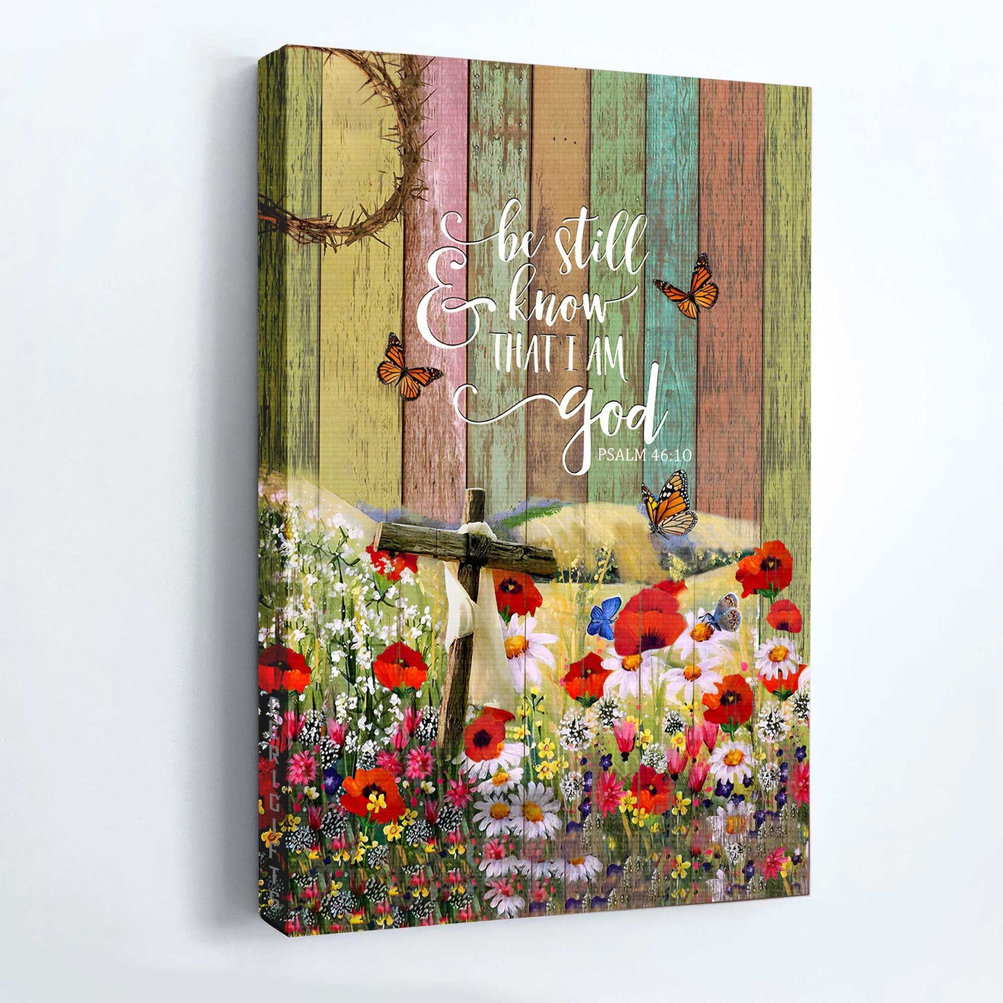 Jesus Portrait Canvas - Wooden Cross, Flower Field, Butterfly Canvas - Gift For Christian - Be Still And Know That I Am God Canvas