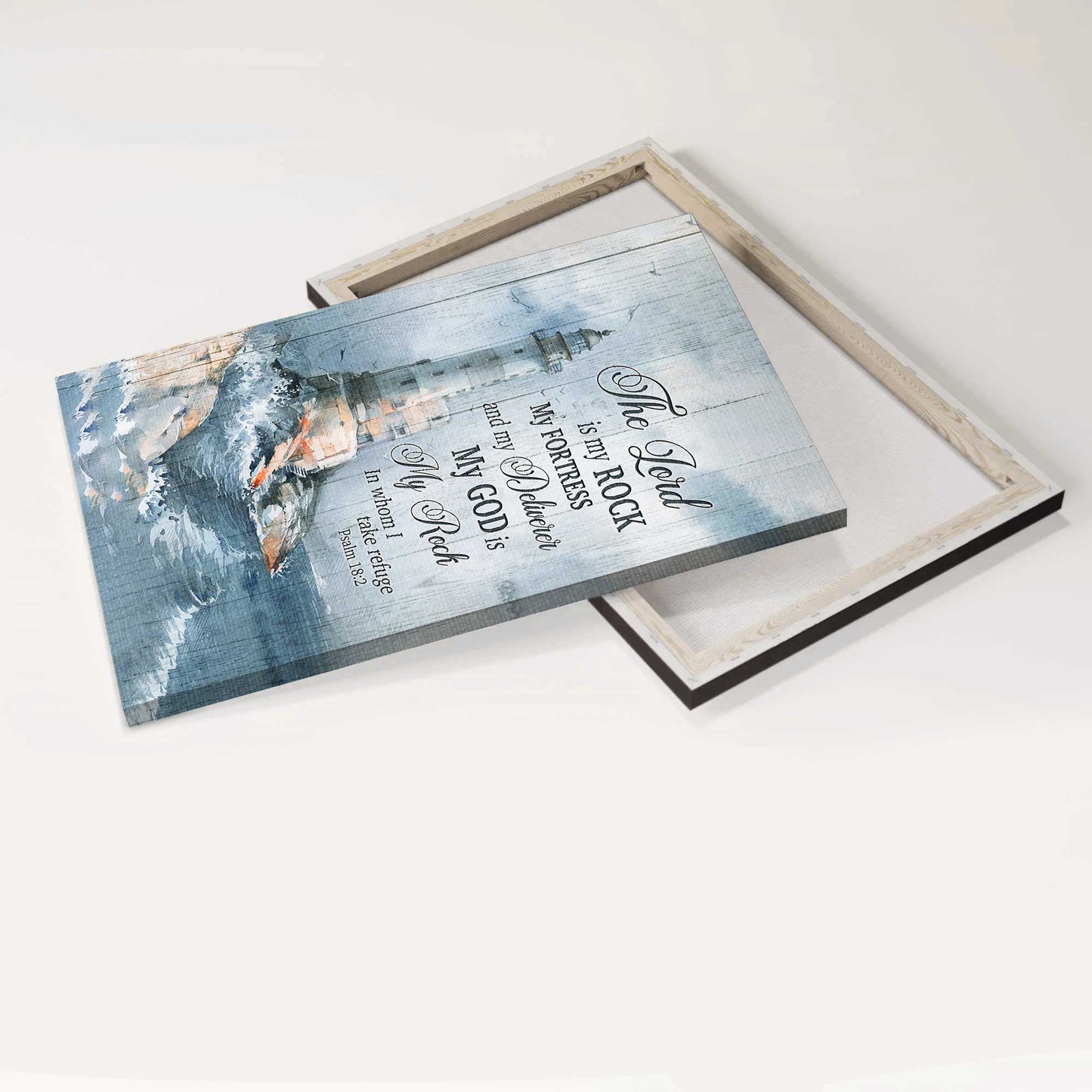 Jesus Portrait Canvas - White Lighthouse Drawing, Storm Painting Canvas - Gift For Christian - The Lord Is My Rock In Whom I Take Refuge Canvas