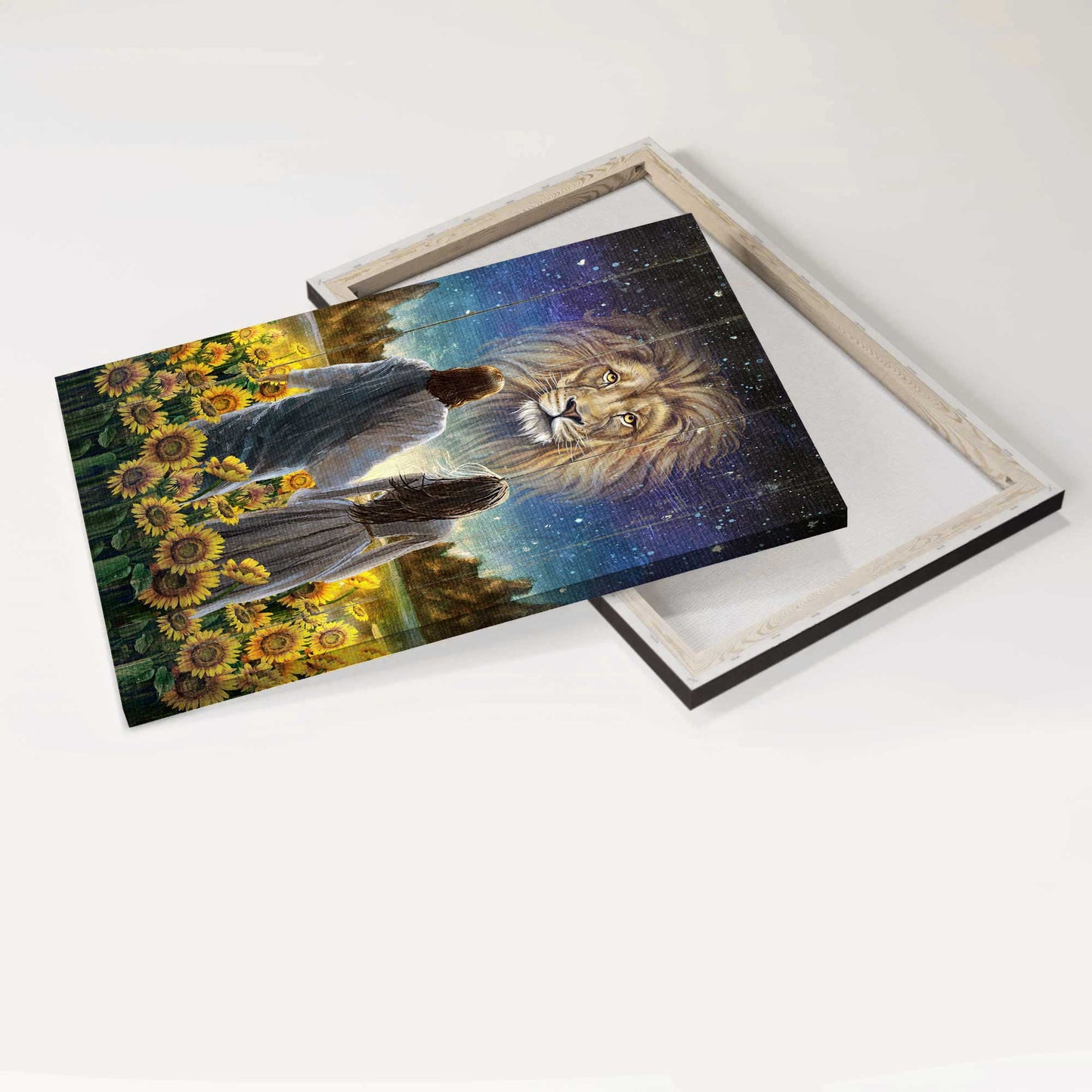Jesus Portrait Canvas - Walking With Jesus, Stunning Lion, Beautiful Sunflower Field Canvas - Gift For Christian