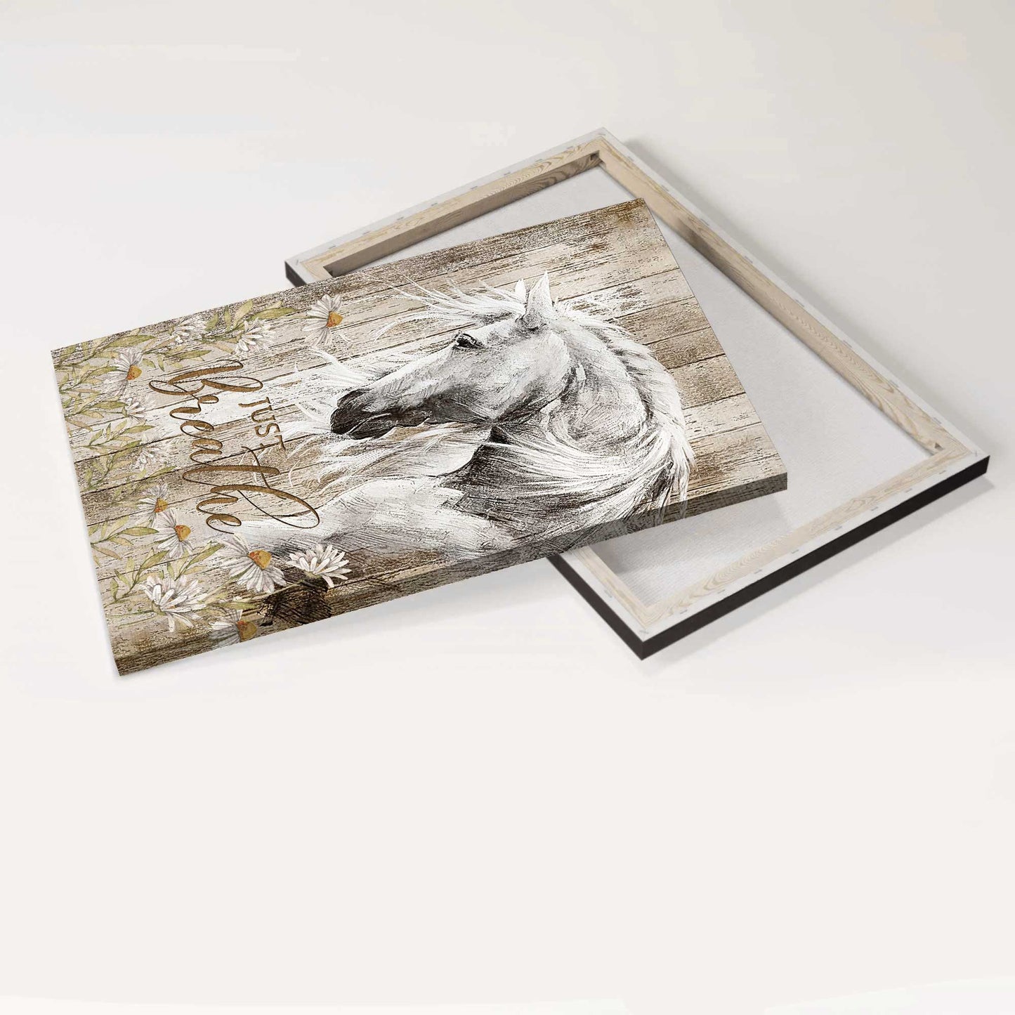 Jesus Portrait Canvas - White Horse Painting, Daisy Flower, The Gorgeous White Horse Canvas - Gift For Christian - Just Breathe Canvas