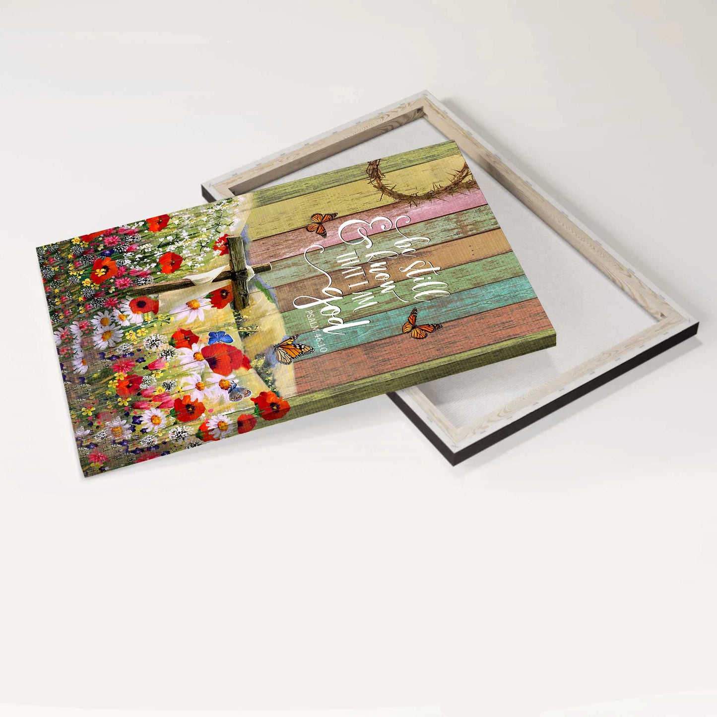 Jesus Portrait Canvas - Wooden Cross, Flower Field, Butterfly Canvas - Gift For Christian - Be Still And Know That I Am God Canvas