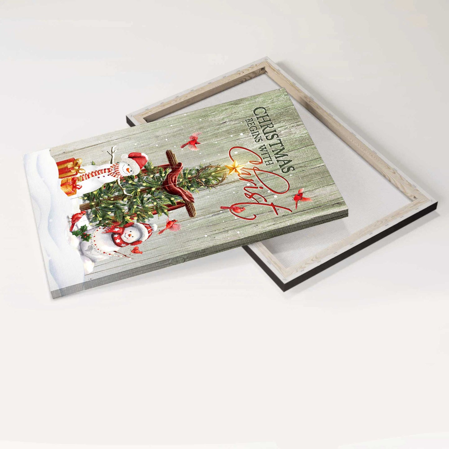 Jesus Portrait Canvas - Winter, Christmas Tree, Cute Snowman, Cardinal Canvas - Gift For Christian - Christmas Begins With Christ Canvas