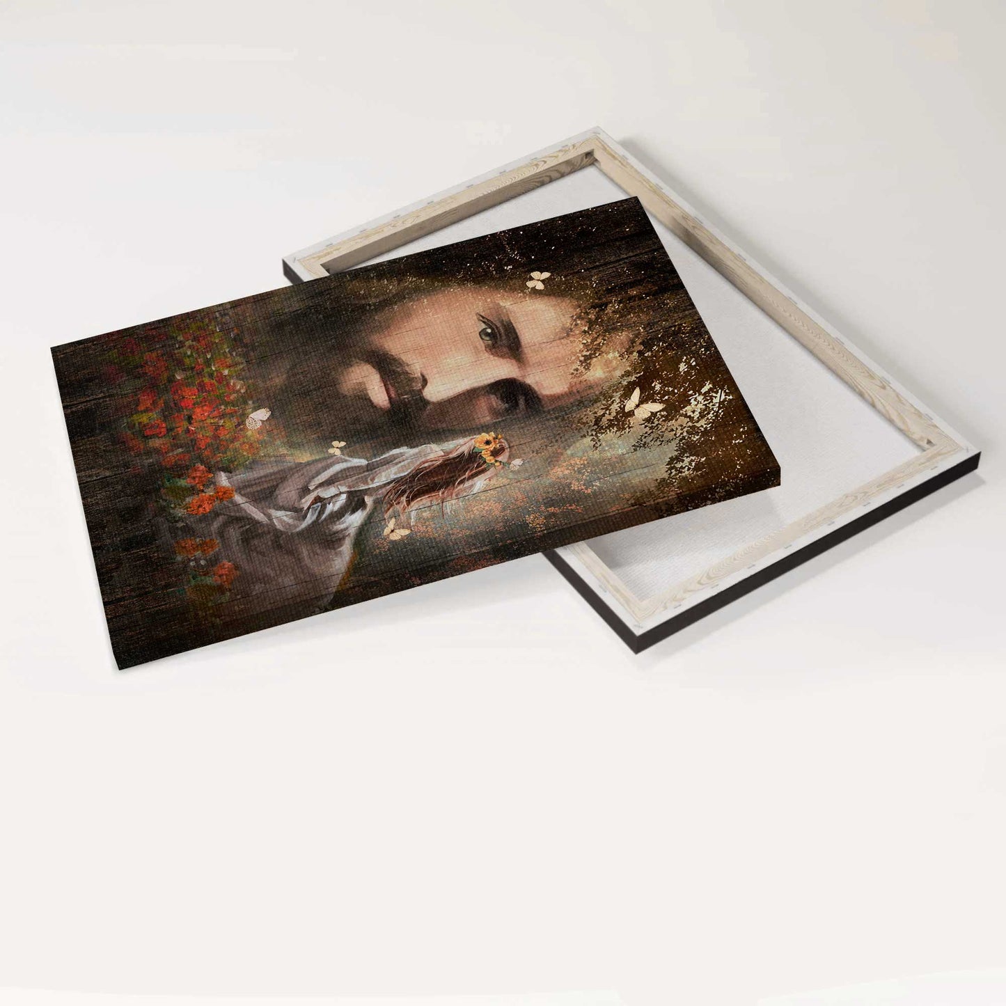 Jesus Portrait Canvas - The Real Face Of Jesus, Pretty Girl, Red Flower Garden, Flower Wreathcanvas - Gift For Christian