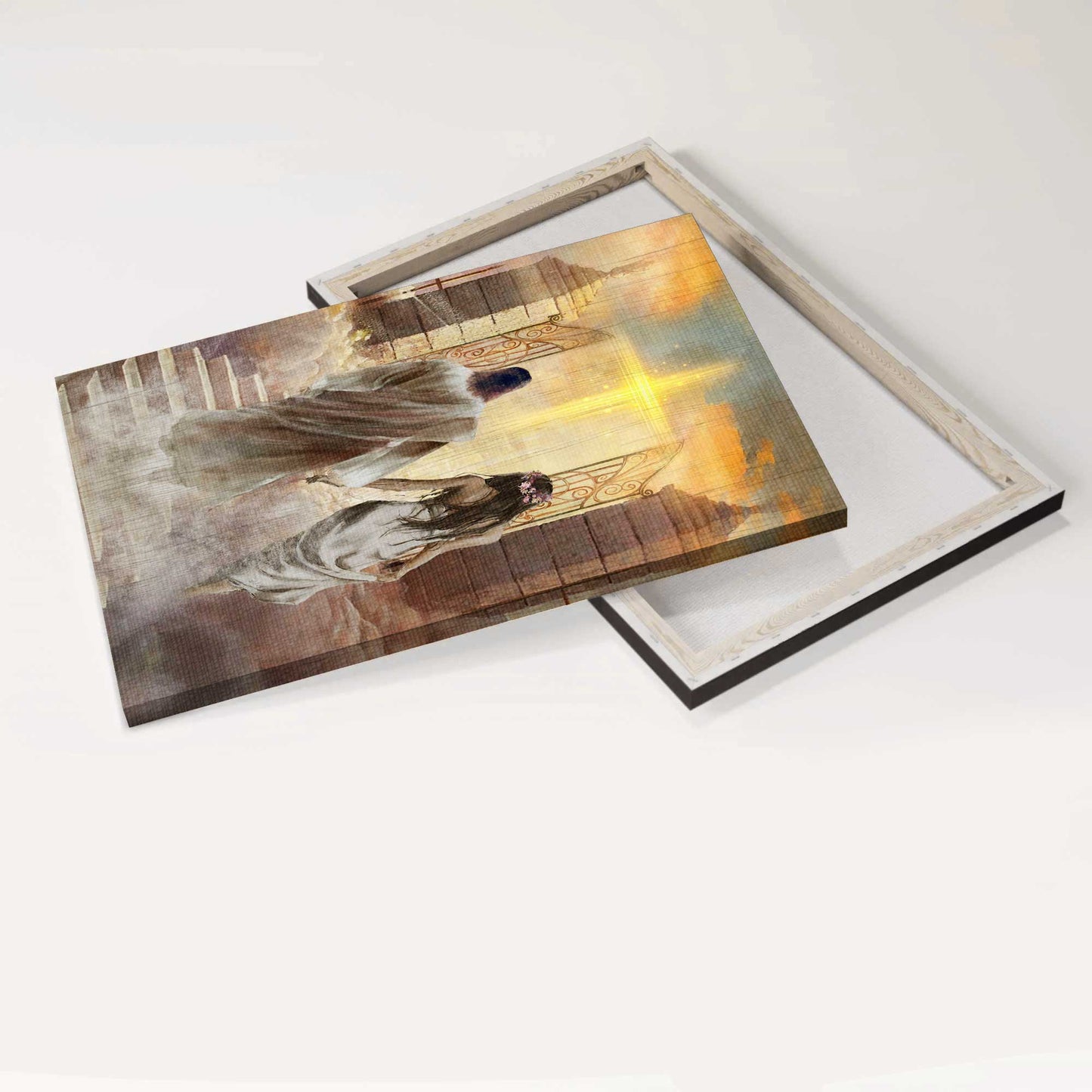 Jesus Portrait Canvas - Walking With Jesus, The Way To Heaven, Yellow Cross, Beautiful Heaven Canvas - Gift For Christian
