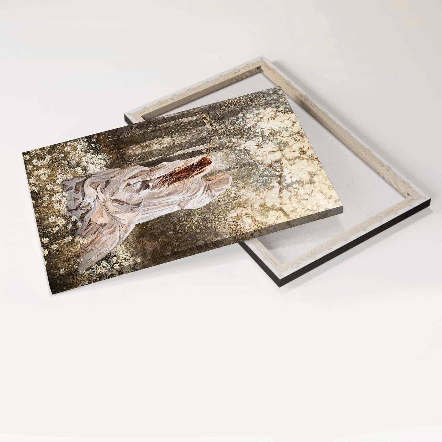 Jesus Portrait Canvas - Walking With Jesus, Beautiful Girl Painting, In The Forest, Among The Flower Field Canvas - Gift For Christian